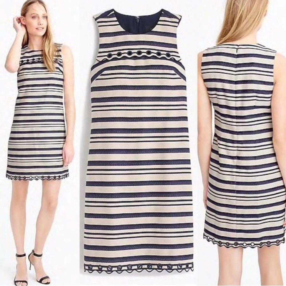 J. Crew Striped Scalloped Dress w/Grommets Size 4 Navy Blue & Khaki Beige *EUC